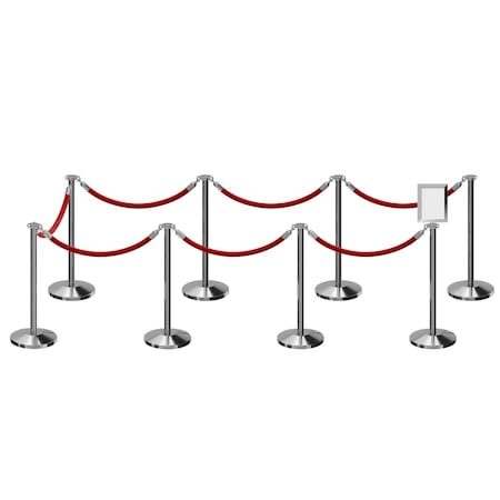 Montour Line Stanchion Post and Rope Kit Pol.Steel, 8FlatTop 7RedRope 8.5x11V Sign C-Kit-7-PS-FL-1-Tapped-1-8511-V-7-ER-RD-PS